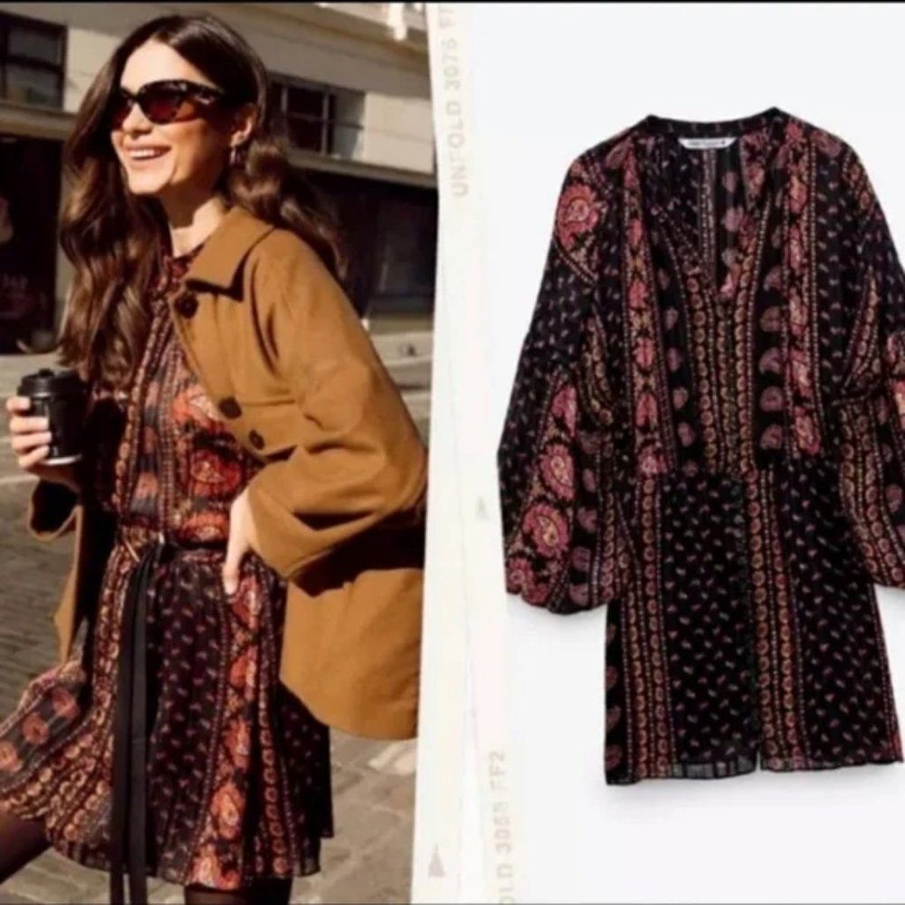 NWOT Zara Favorite BOHO Mini Print Dress Size SMALL